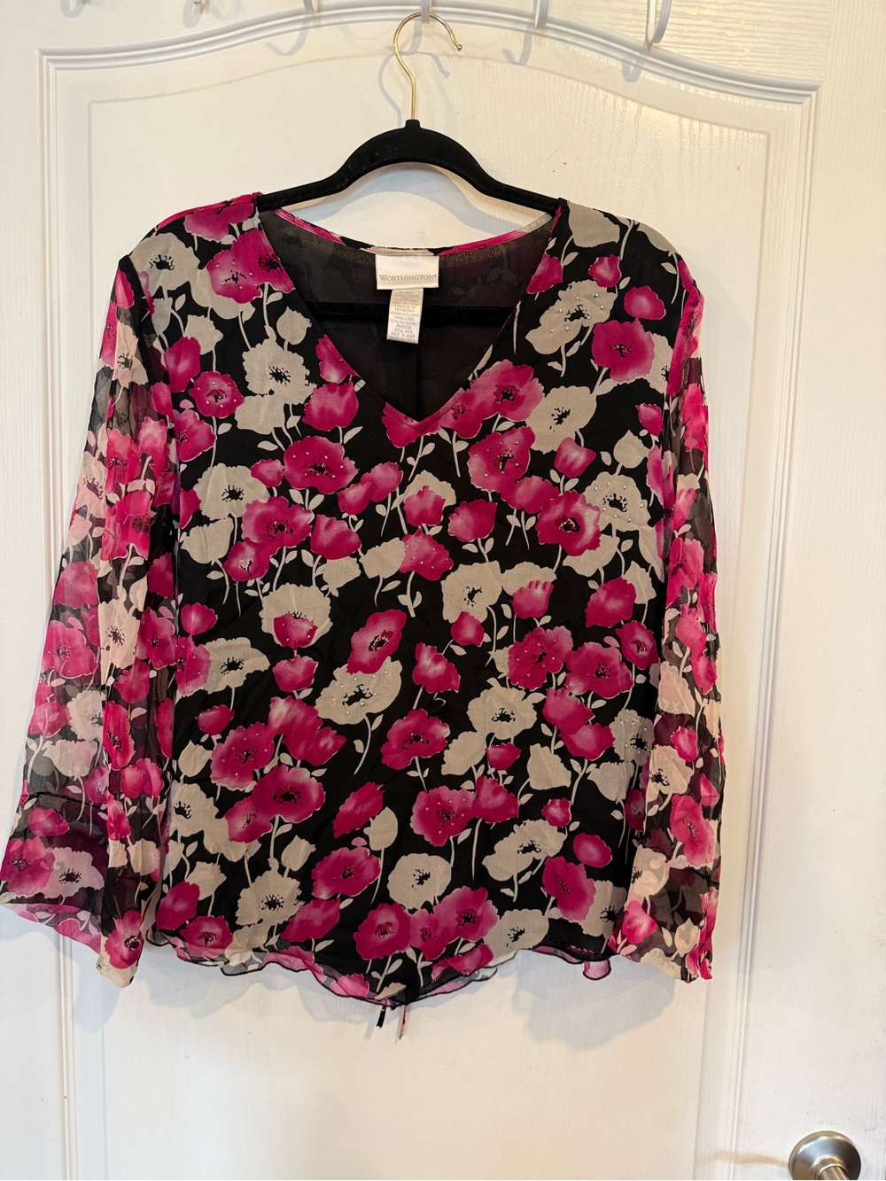 Worthington V-neck black pink floral sheer long sleeve 100% silk blouse size XL